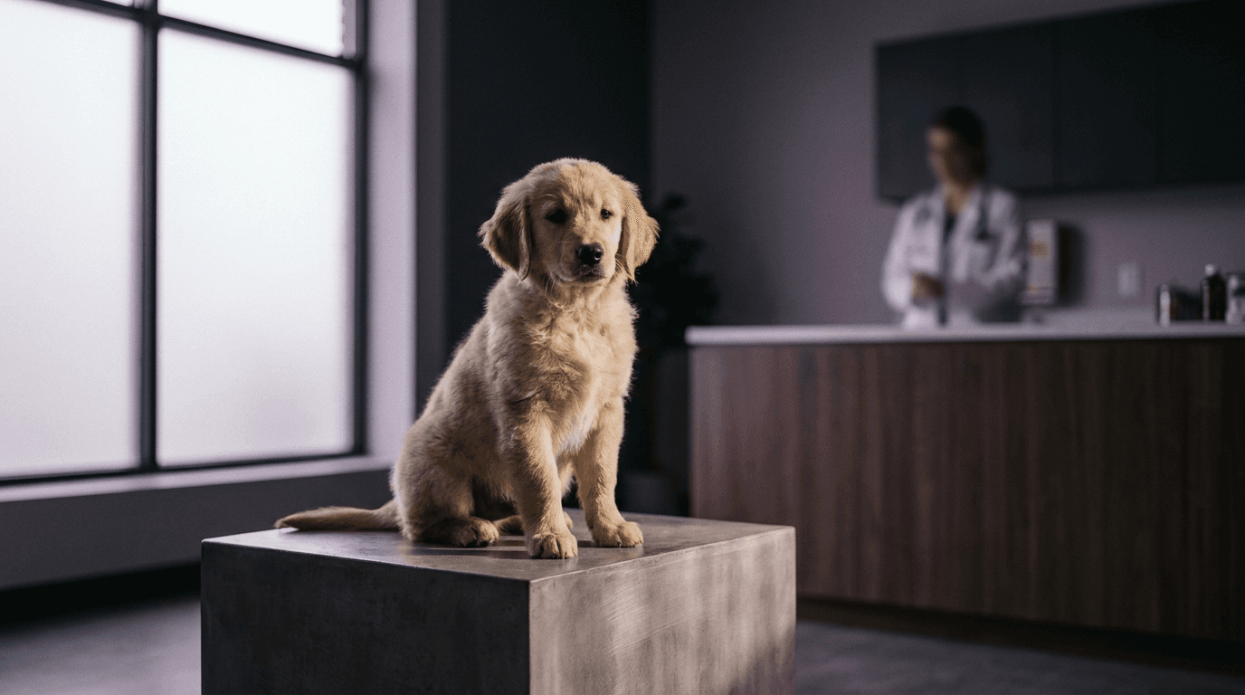 Cachorro golden retriever sobre un pedestal en un hospital veterinario moderno